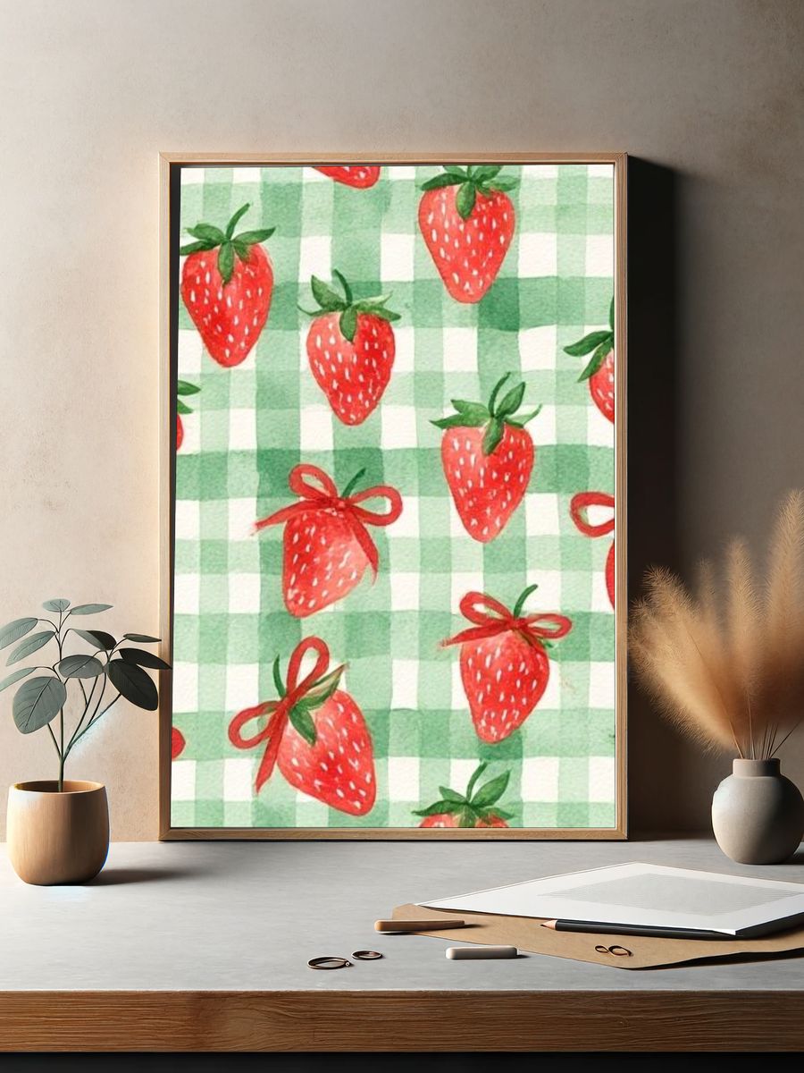 Strawberry Gingham Pattern Print. — room view 2