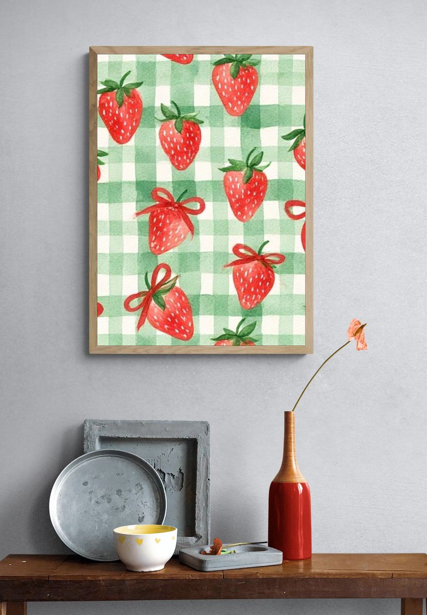 Strawberry Gingham Pattern Print. — room view 3