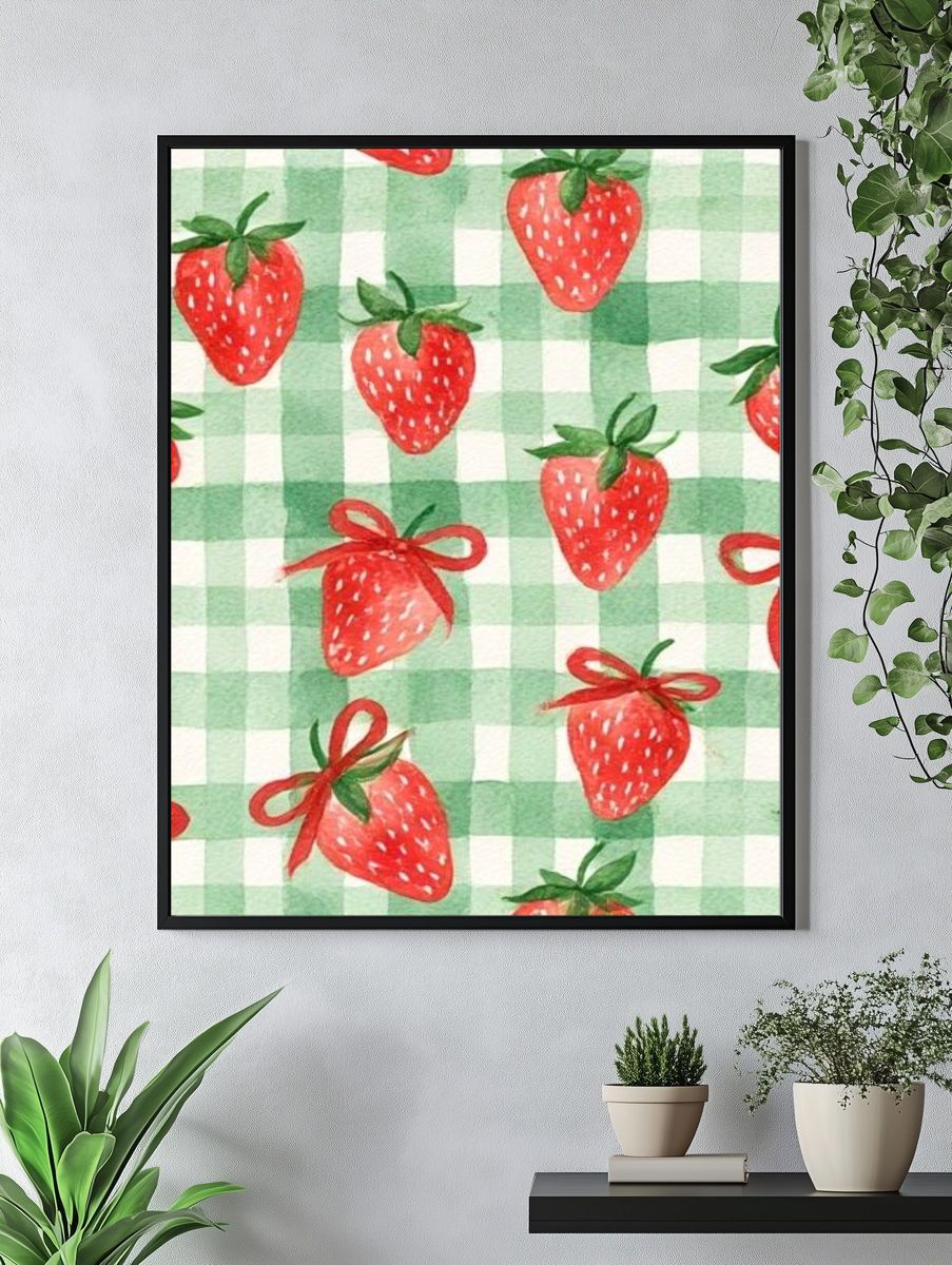 Strawberry Gingham Pattern Print. — room view 4