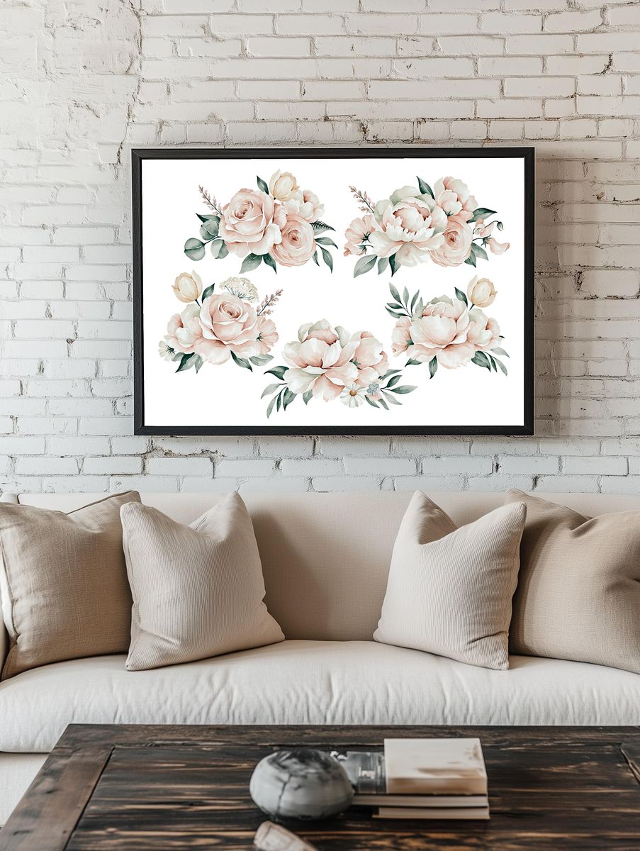 Blush Floral Bouquet Watercolor Print. room preview