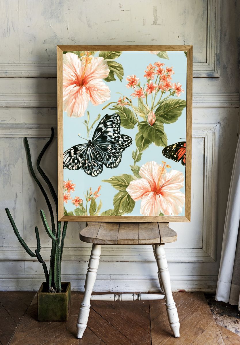 Butterflies and Hibiscus Botanical Print. room preview