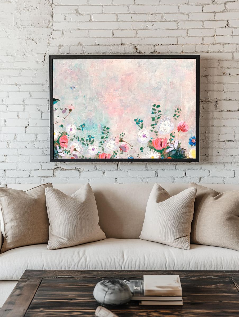 Pink floral wall textured background. — room view 1