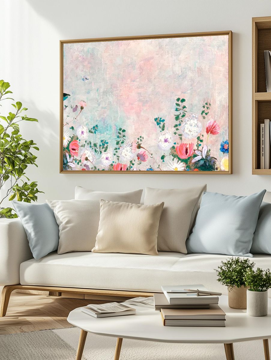 Pink floral wall textured background. — room view 2