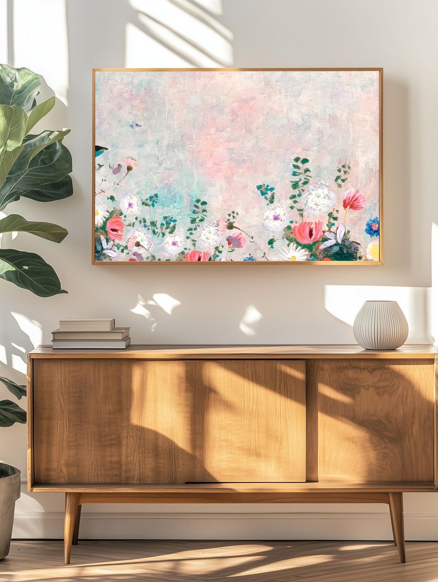 Pink floral wall textured background. — room view 3