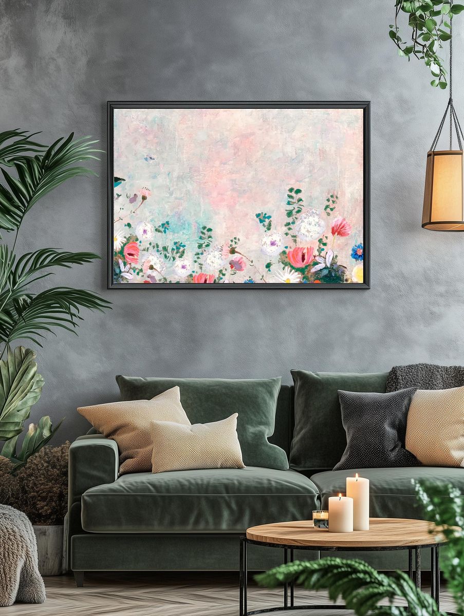 Pink floral wall textured background. — room view 4