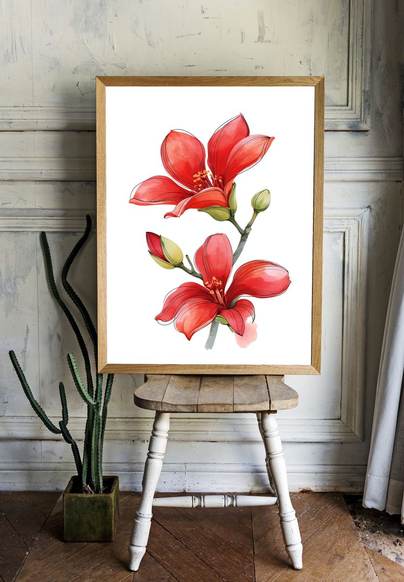 Red Hibiscus Watercolor Print. — room view 1