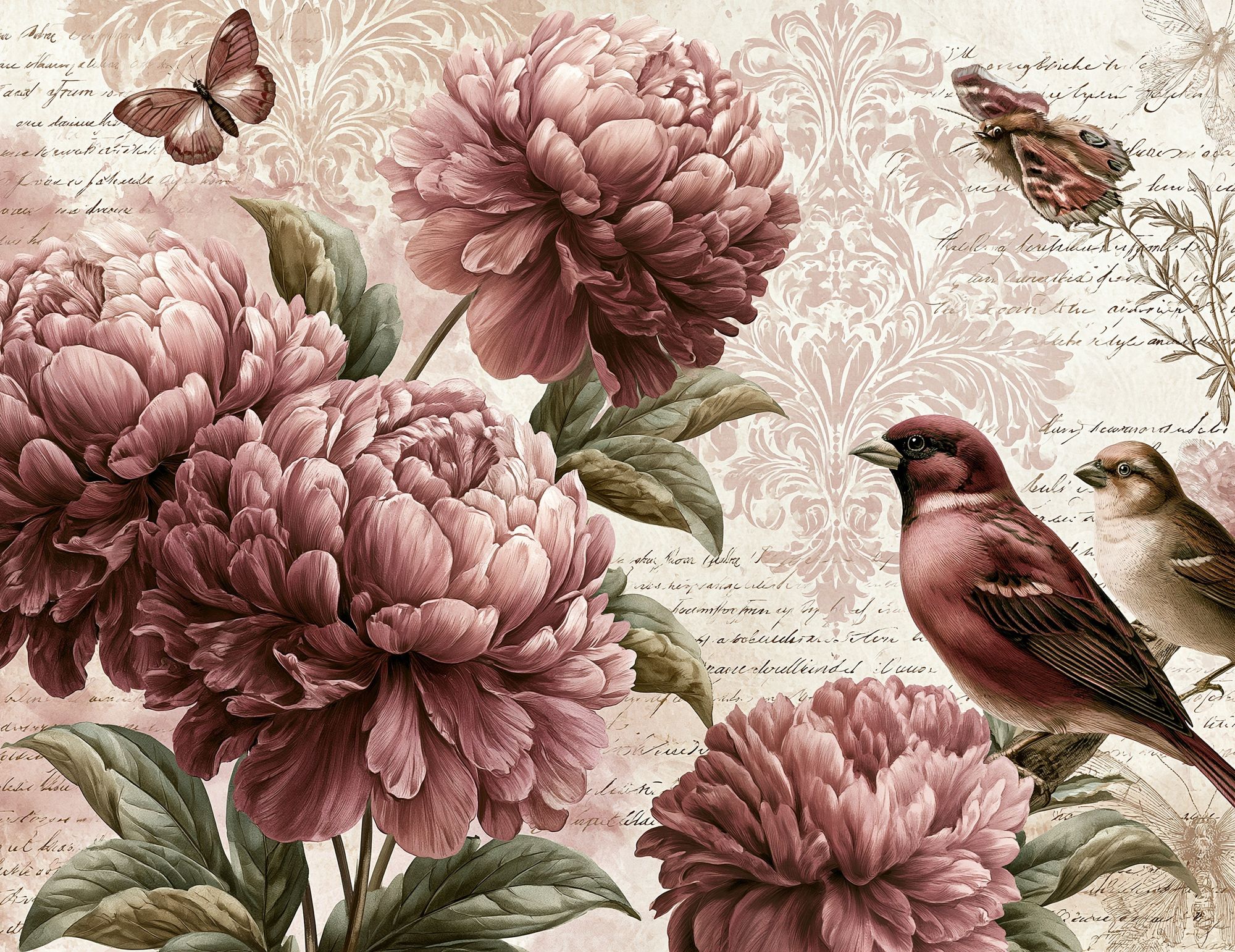 Peony Birds Botanical Print. poster detail
