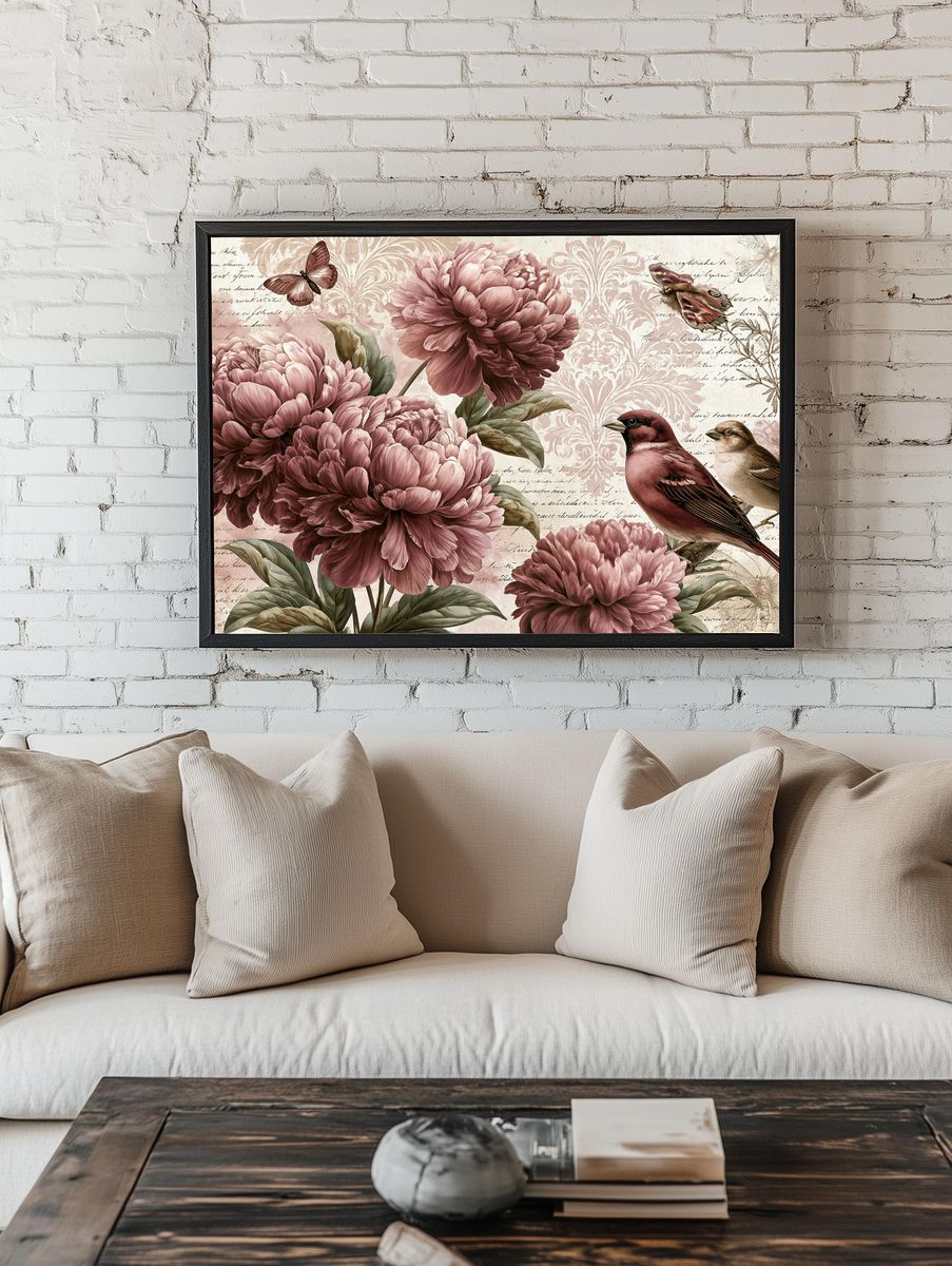 Peony Birds Botanical Print. room preview
