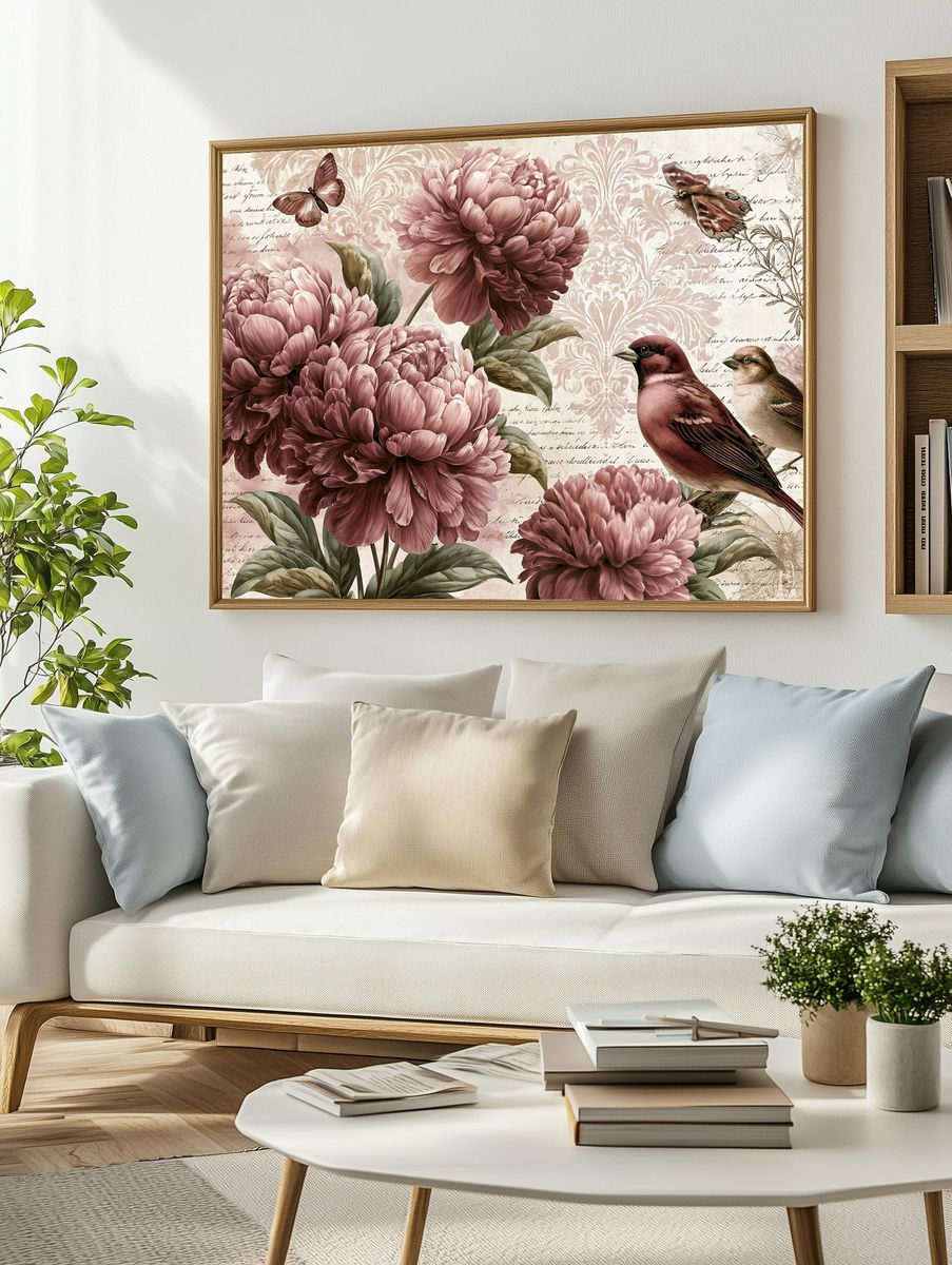 Peony Birds Botanical Print. — room view 2