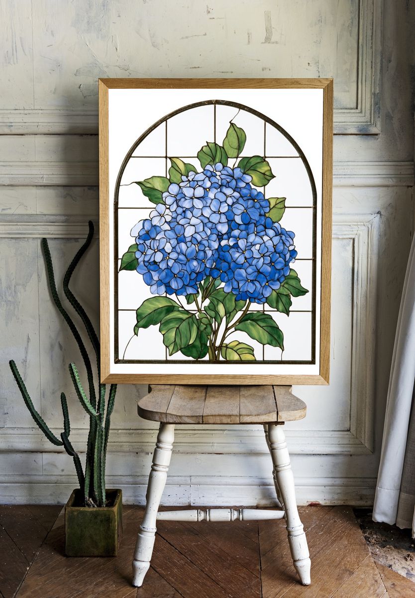 Blue Hydrangea Stained Glass Poster. room preview