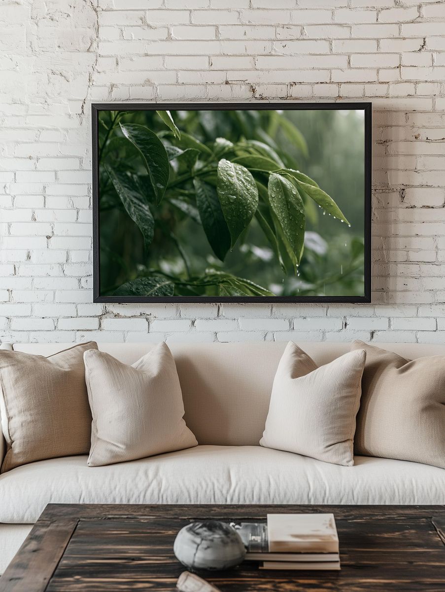Rain-Kissed Green Leaves Poster. — room view 1