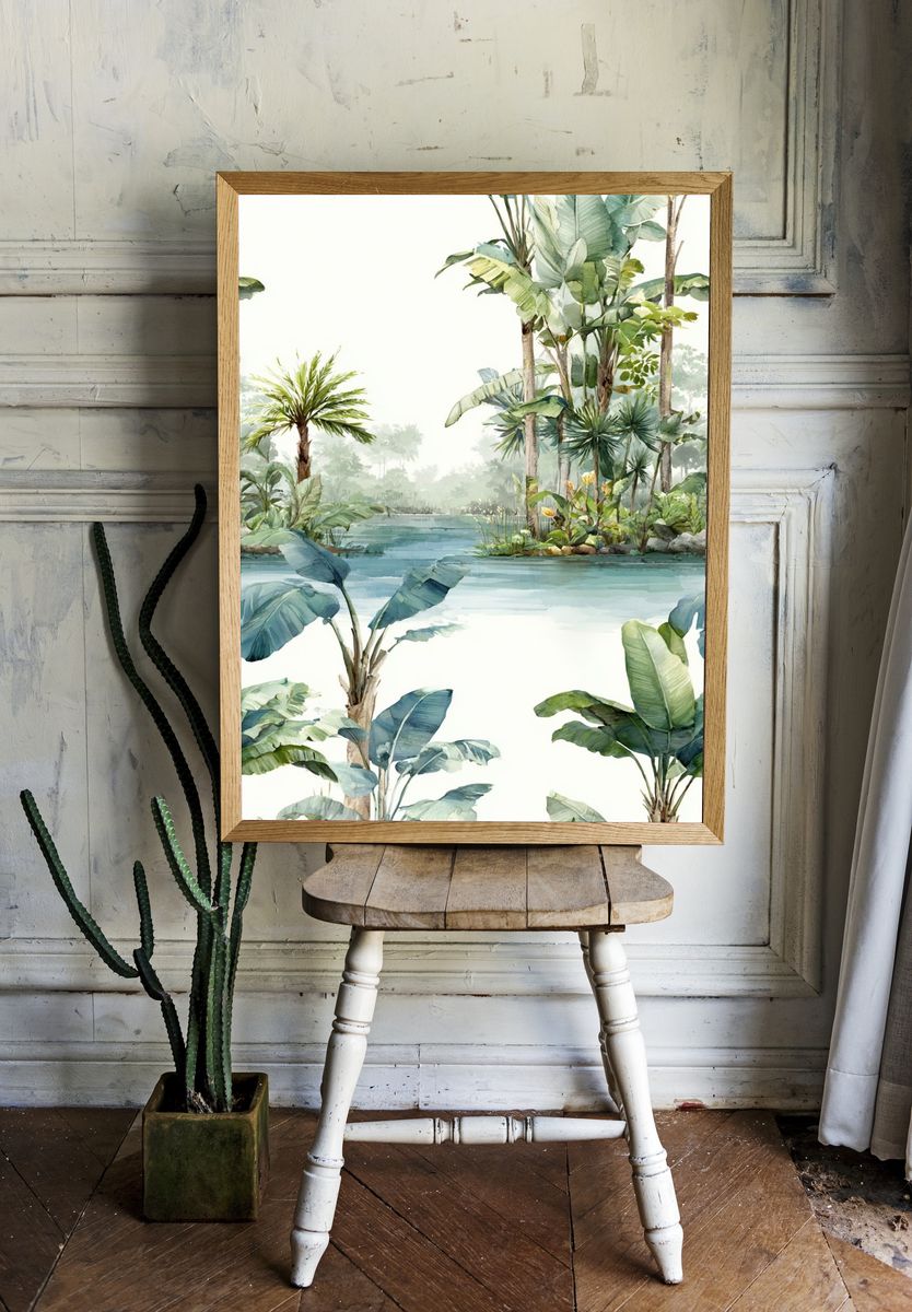Tropical Banana Leaves Watercolor Print. room preview