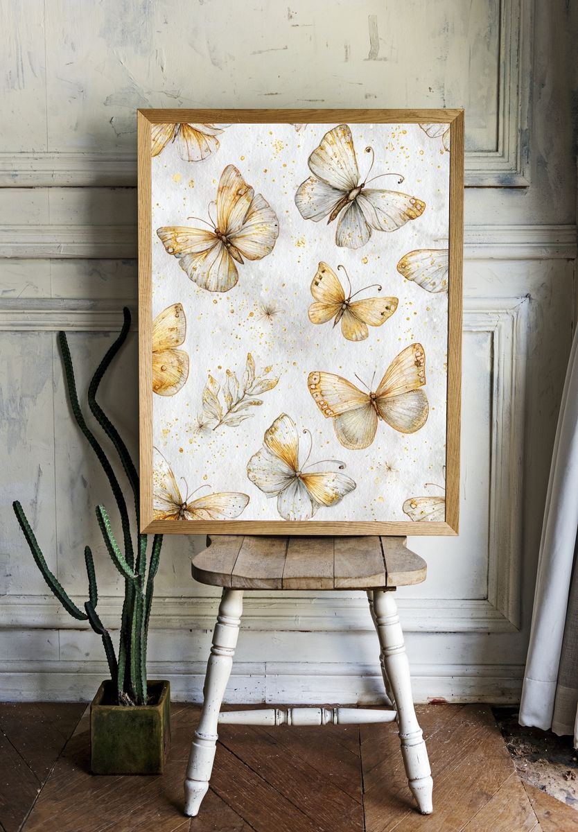 Golden Butterflies Botanical Print. room preview