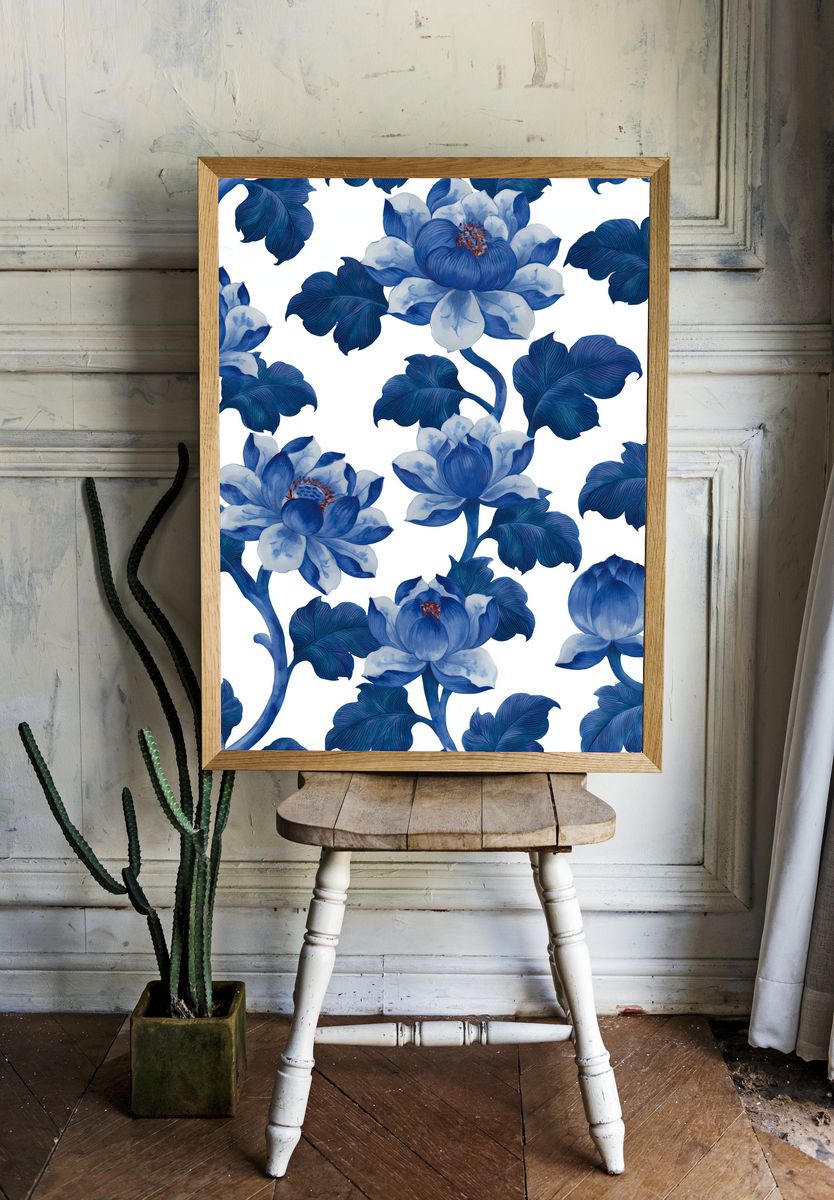 Blue Floral Botanical Print. room preview