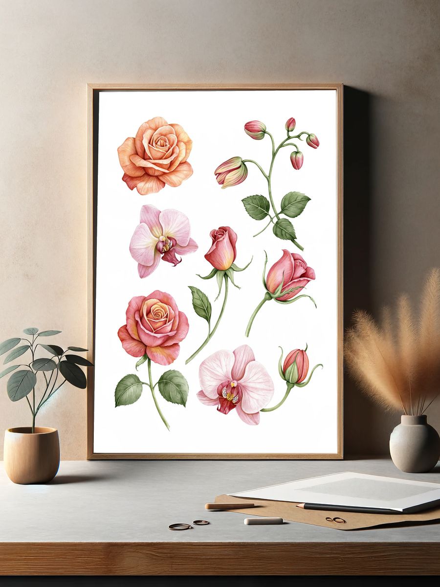 Pink Roses Botanical Print. — room view 2