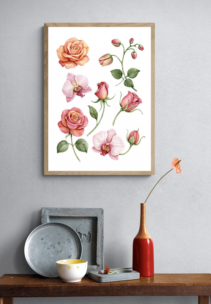 Pink Roses Botanical Print. — room view 3