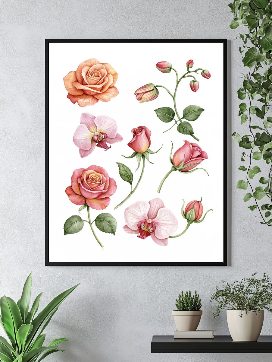 Pink Roses Botanical Print. — room view 4