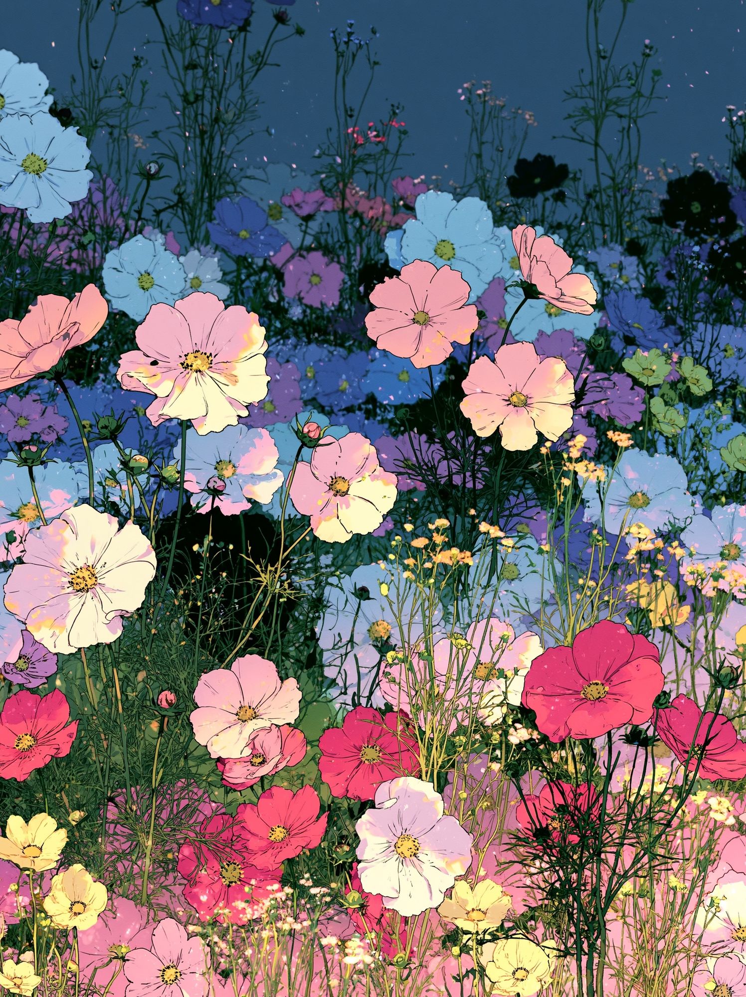 Pastel Cosmos Garden Illustration Poster. poster detail