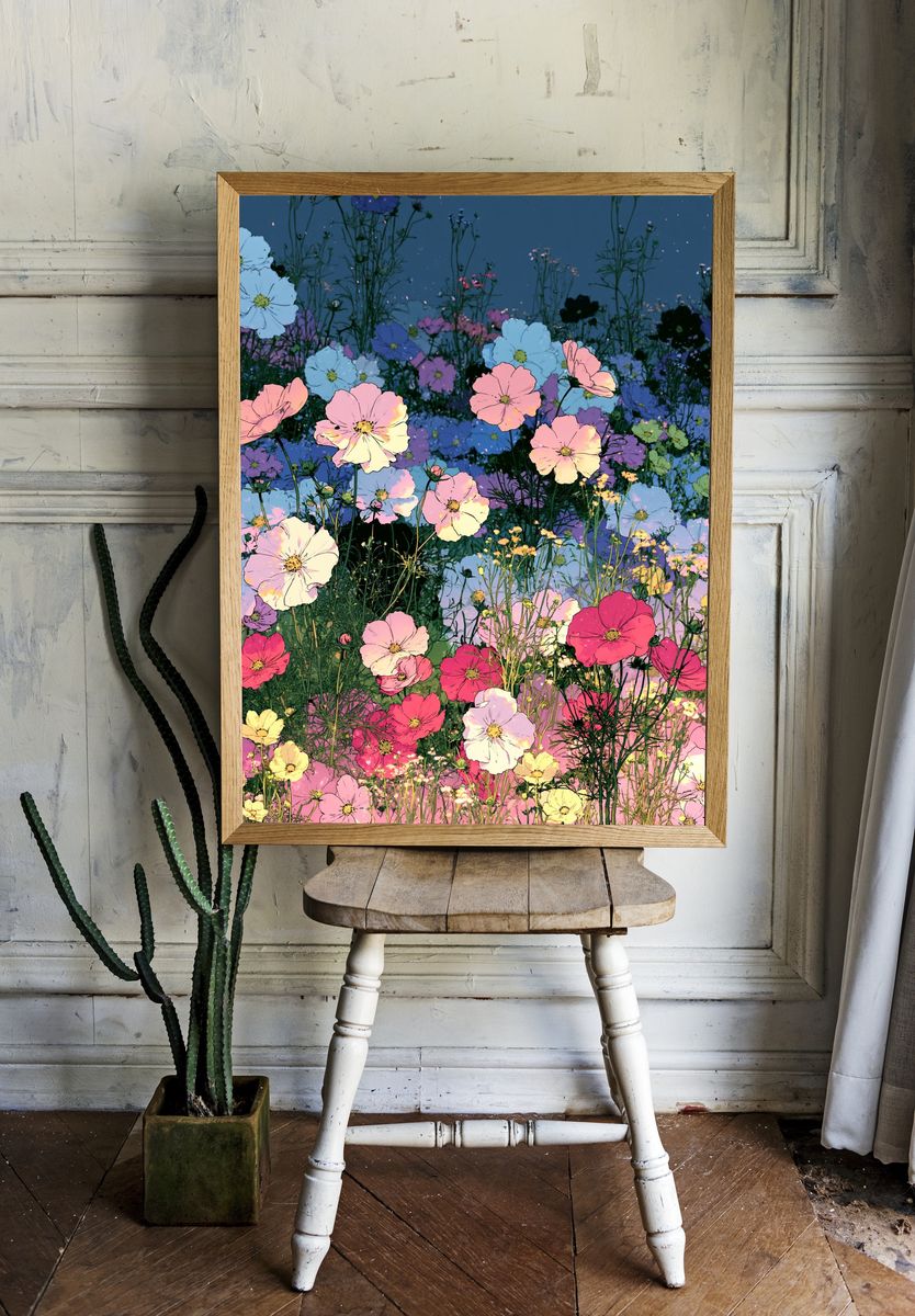 Pastel Cosmos Garden Illustration Poster. — room view 1