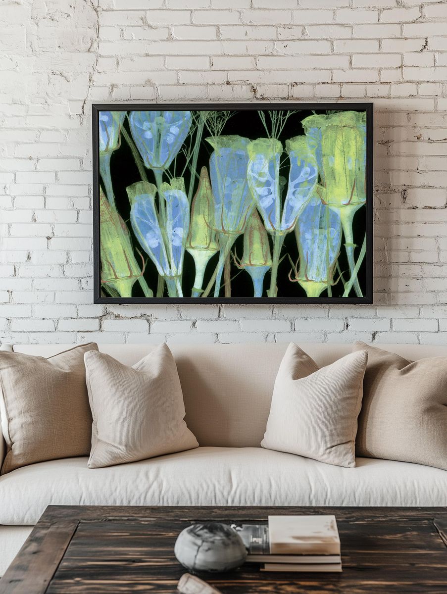 Blue Bellflower Botanical Print. room preview