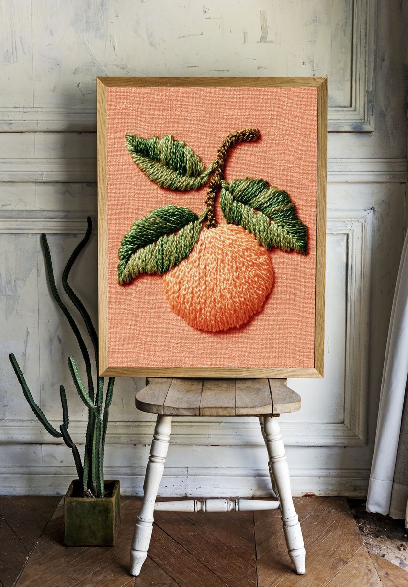 Embroidered Peach Botanical Print. — room view 1