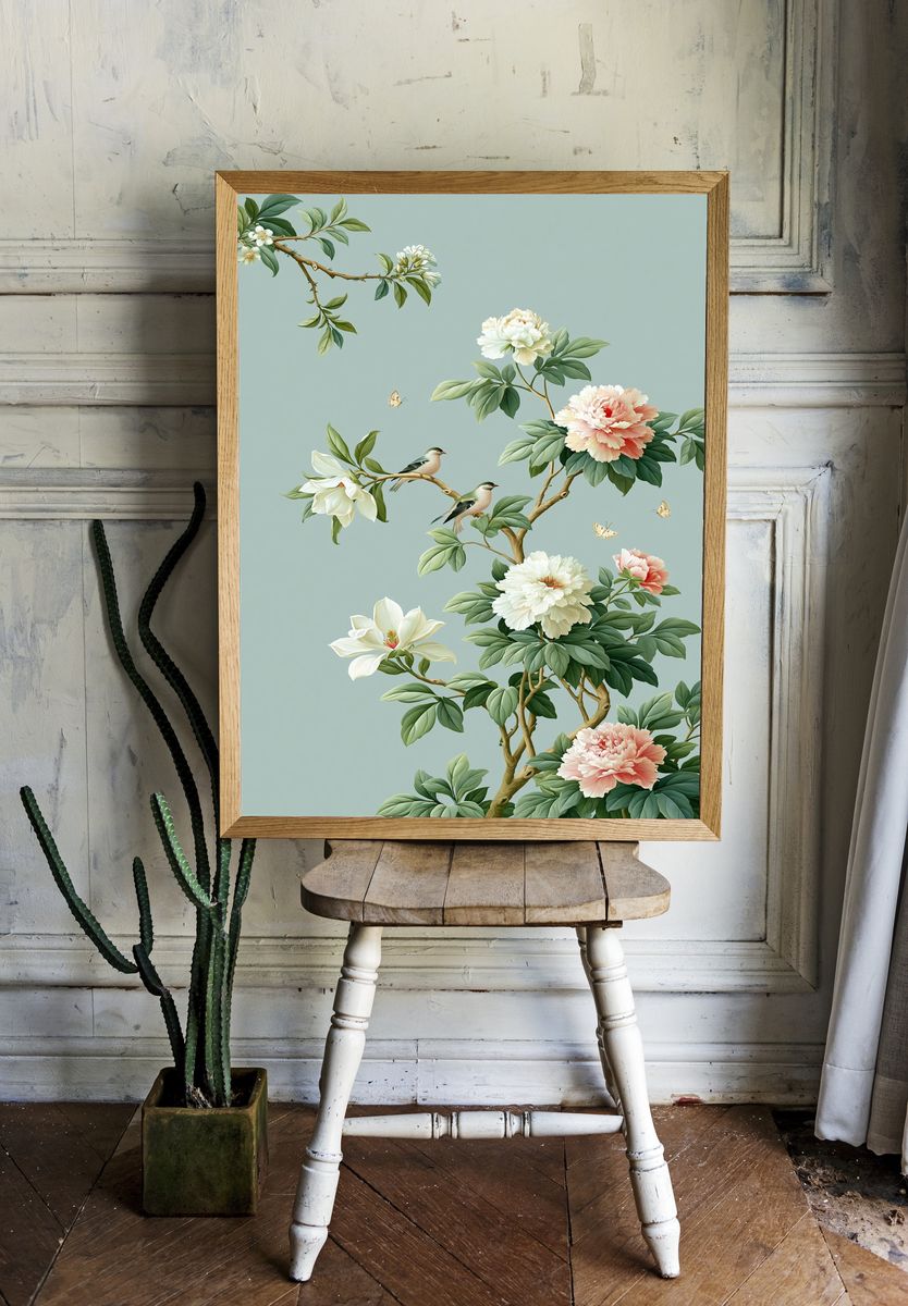 Peony Branch Birds Botanical Print. room preview