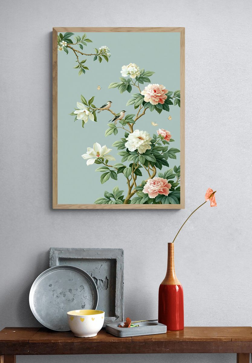 Peony Branch Birds Botanical Print. — room view 3