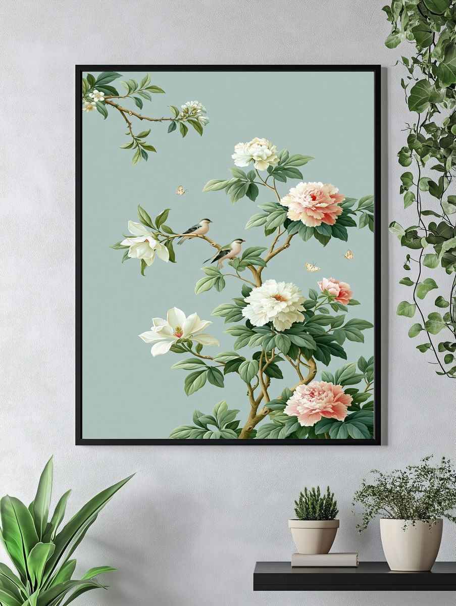 Peony Branch Birds Botanical Print. — room view 4