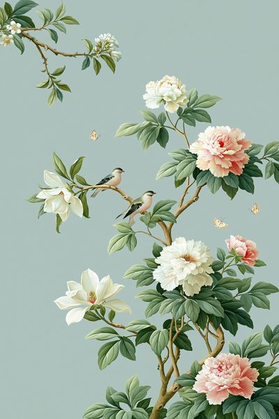 Peony Branch Birds Botanical Print.