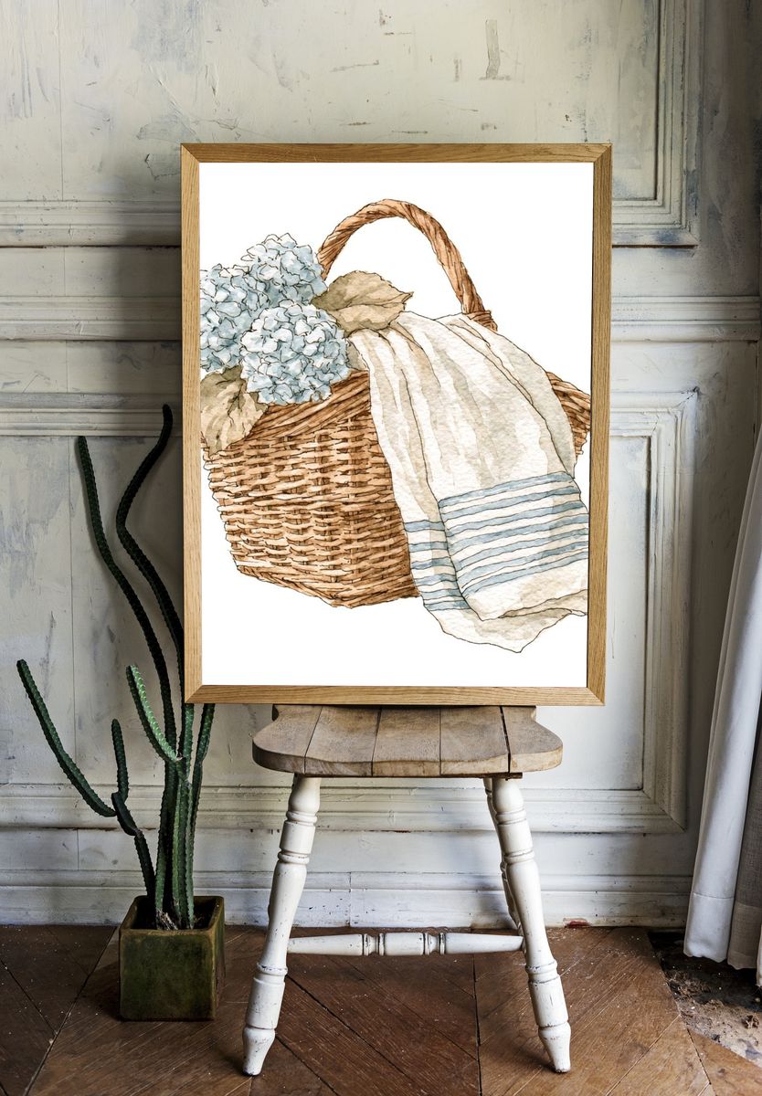Hydrangea Basket Watercolor Print. room preview