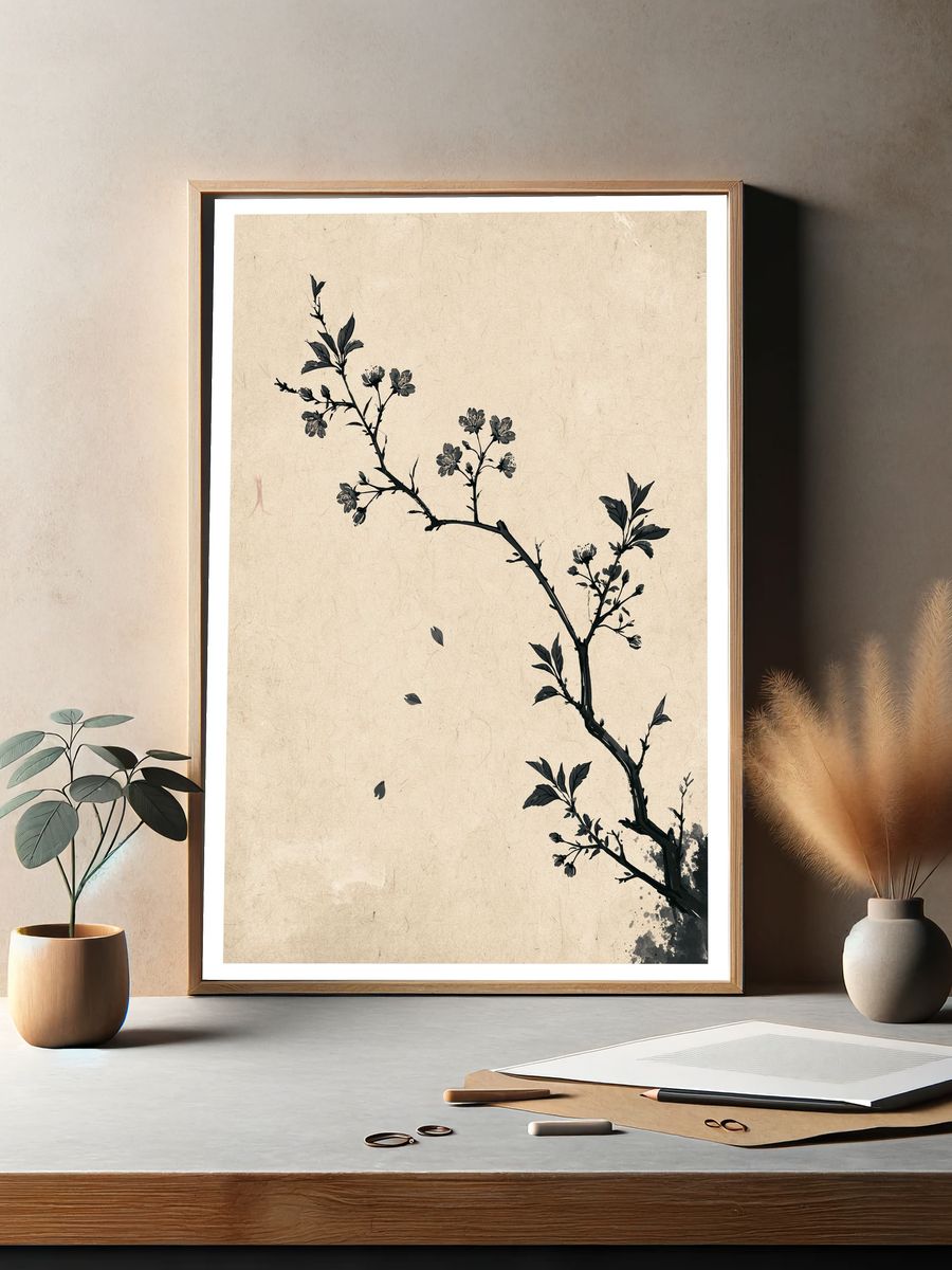 Cherry Blossom Branch Ink Print. — room view 2