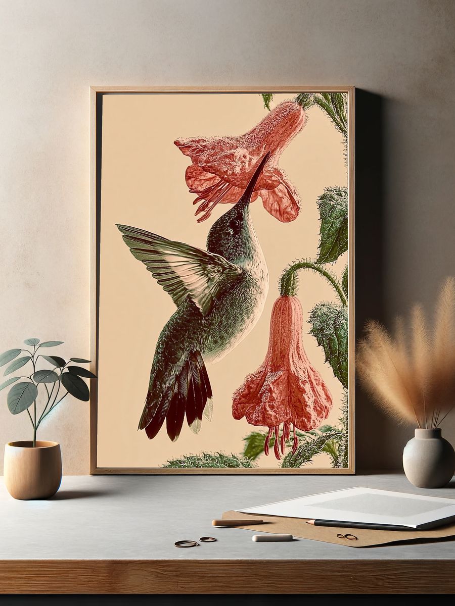 Hummingbird and Fuchsia Botanical Print. — room view 2
