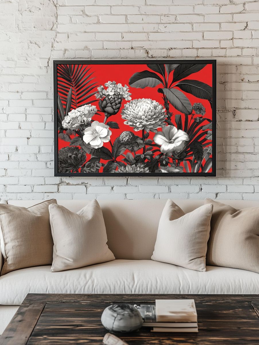Tropical Floral Red Botanical Print. — room view 1