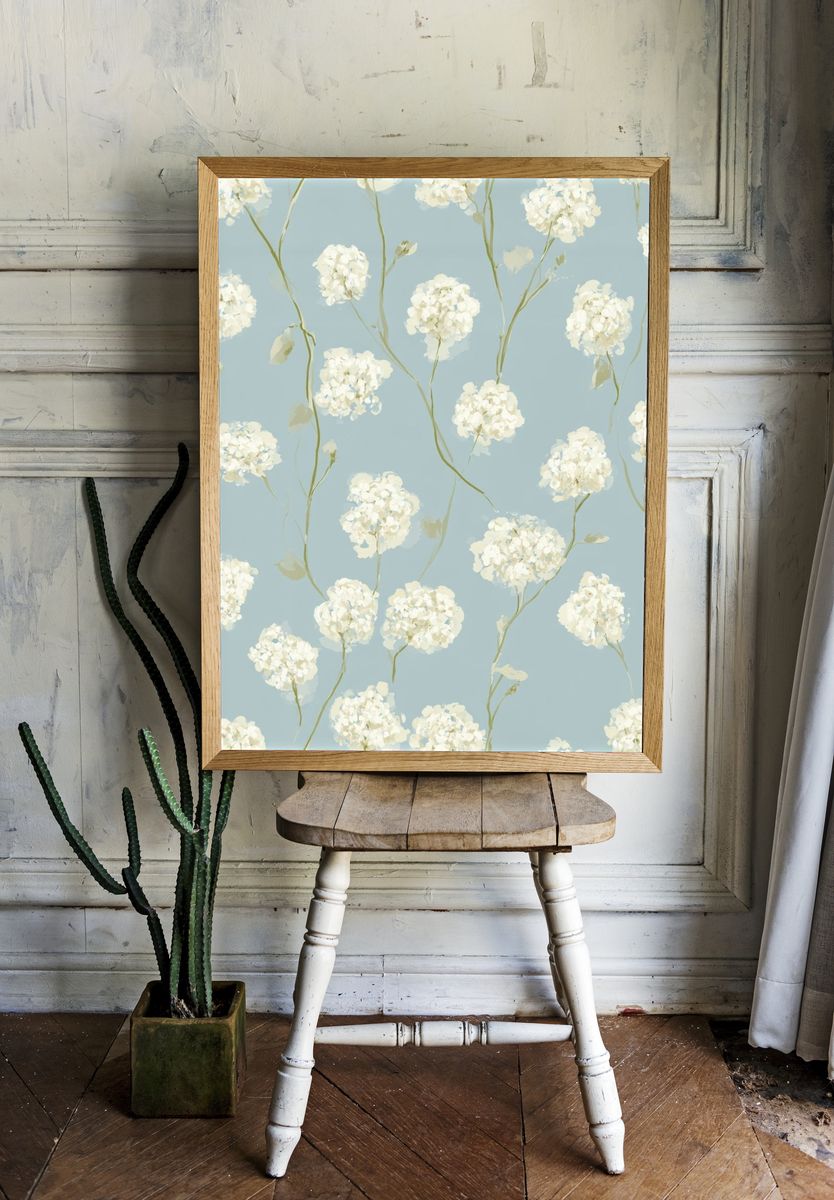 Blue Hydrangea Botanical Print. room preview