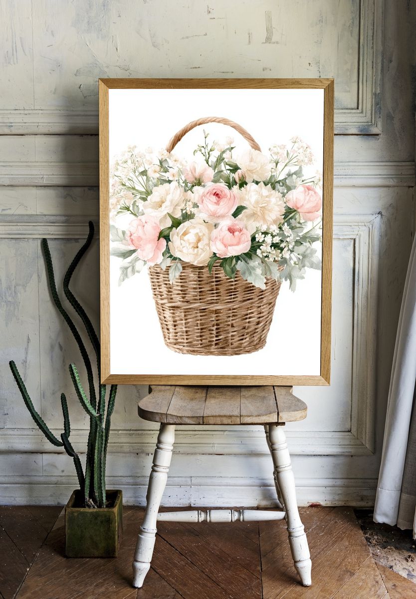 Pastel Flower Basket Botanical Print. — room view 1
