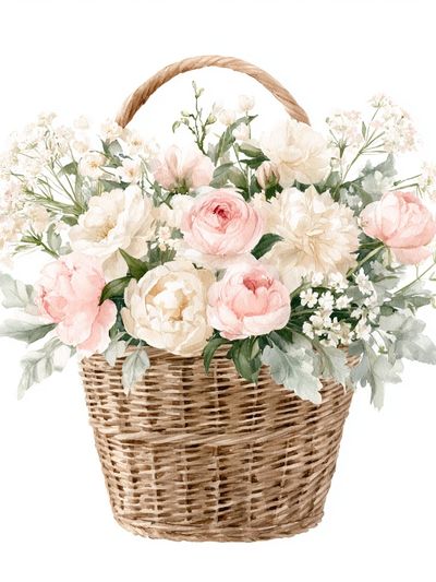Pastel Flower Basket Botanical Print.