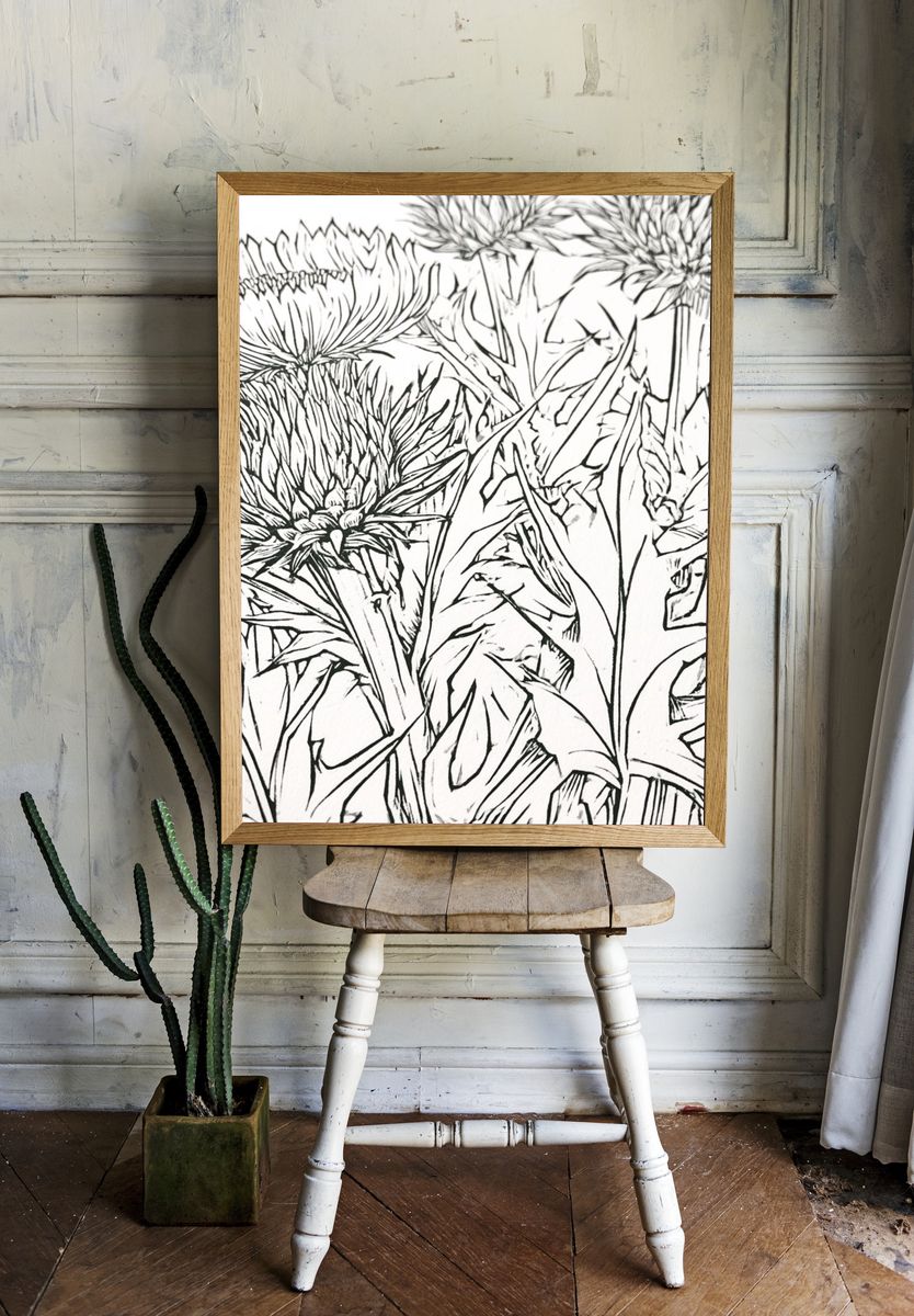 Thistle Bloom Line Art Poster. — room view 1