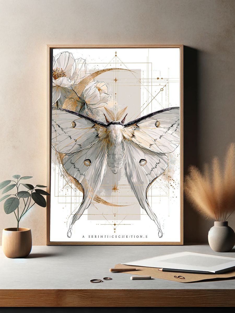 Moth and Blossom Botanical Print. — room view 2
