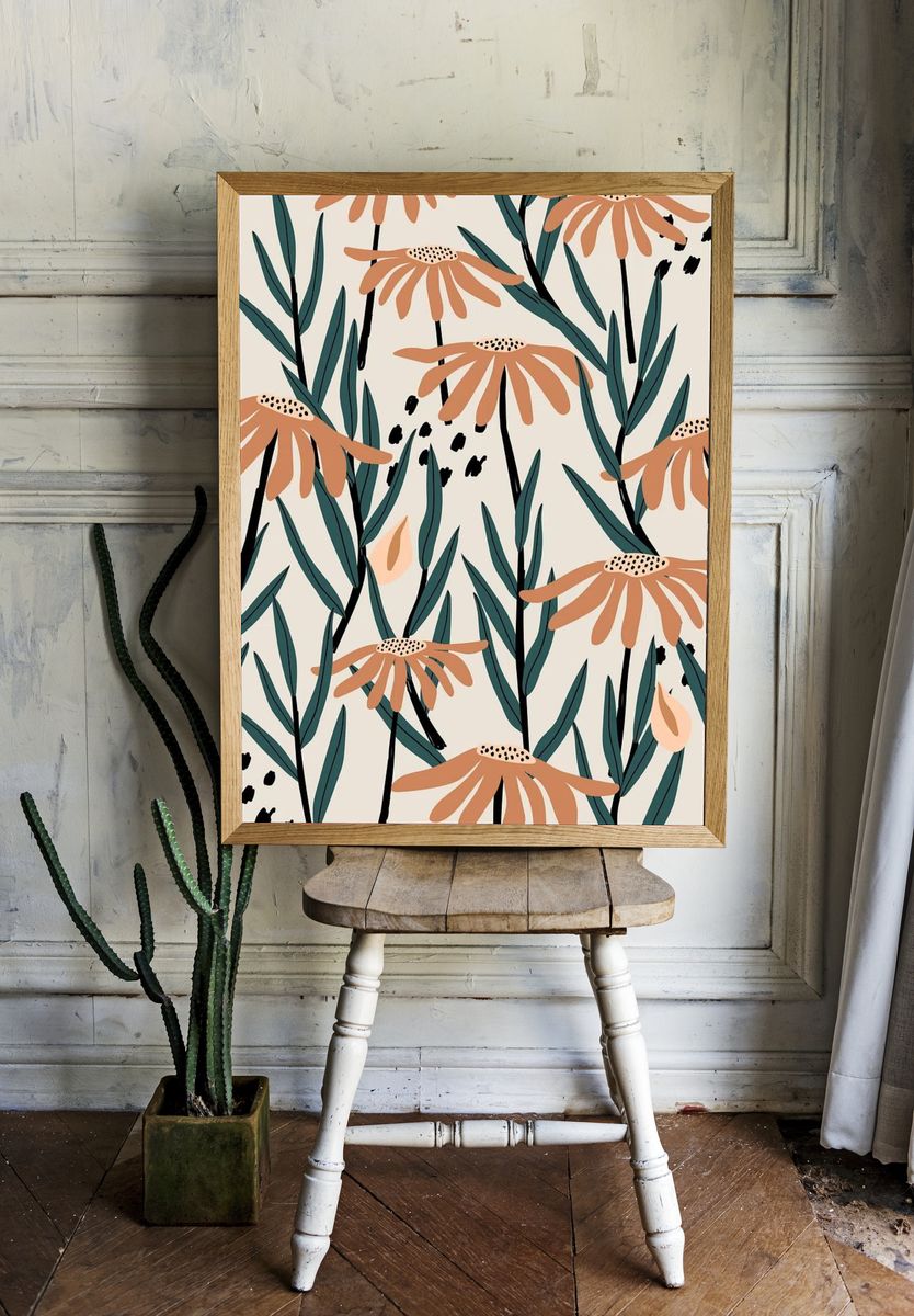 Brown daisy patterned beige background room preview