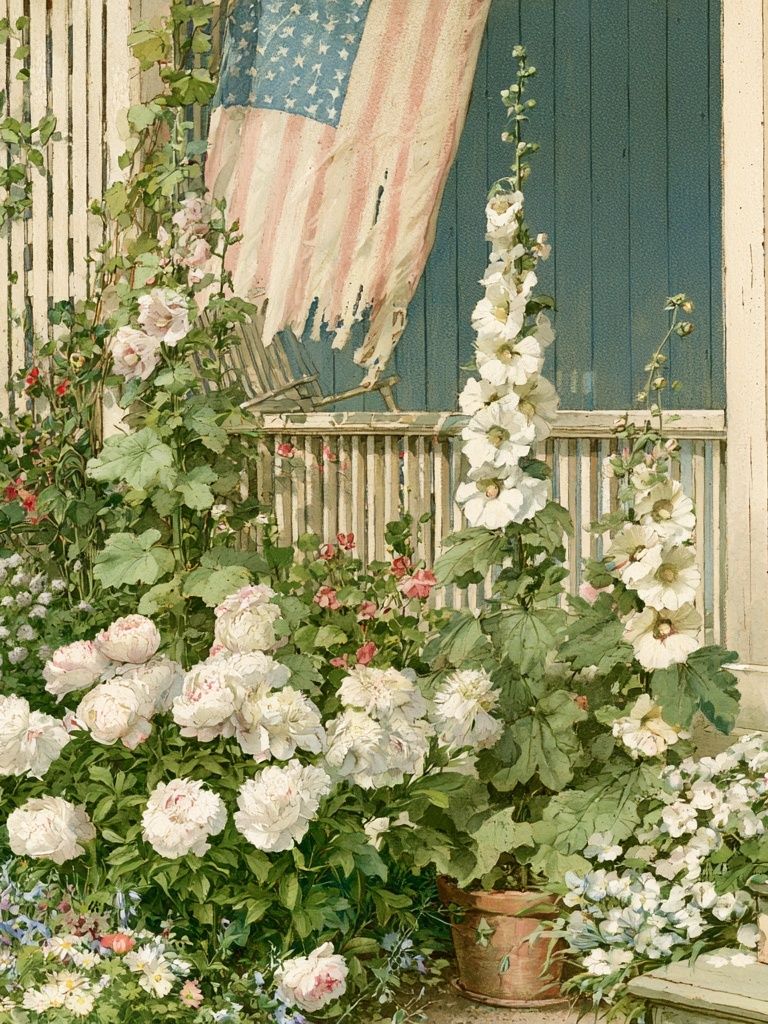 Cottage Garden with American Flag Poster. poster — botanical art