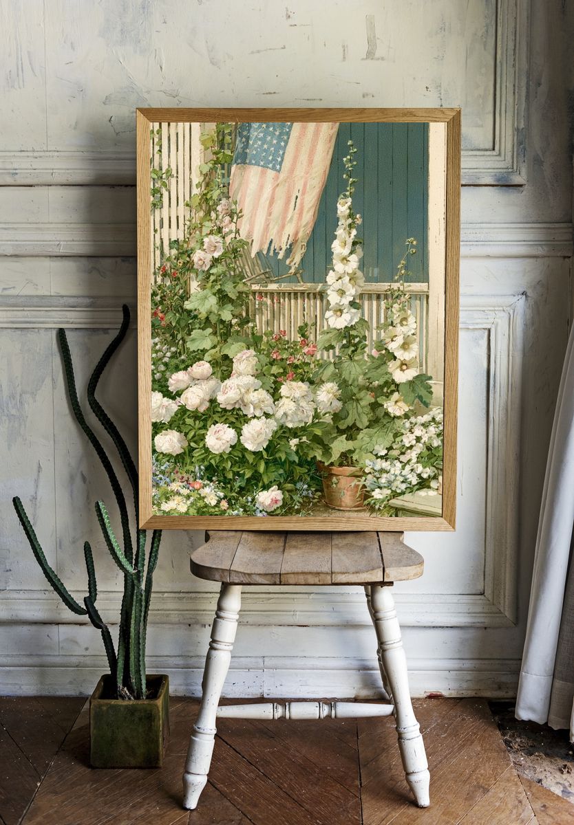 Cottage Garden with American Flag Poster. — room view 1