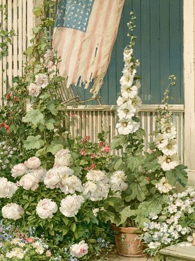 Cottage Garden with American Flag Poster. poster