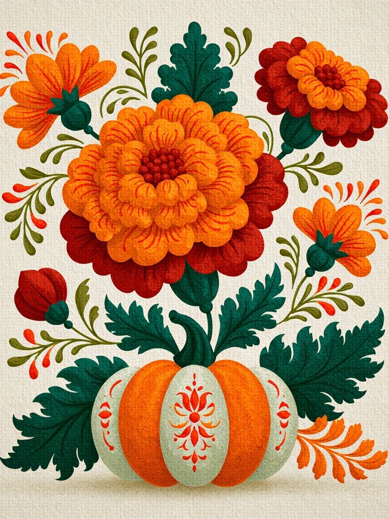Floral Pumpkin Folk Art Poster. poster detail