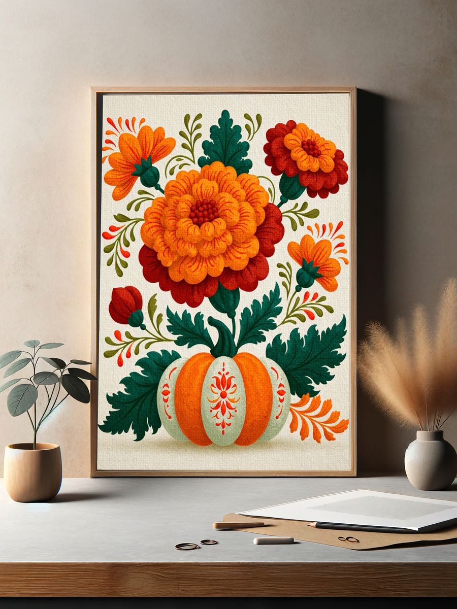 Floral Pumpkin Folk Art Poster. — room view 2