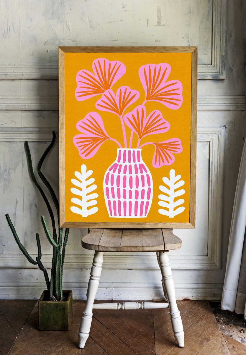 Pink Floral Vase Illustration Poster. — room view 1