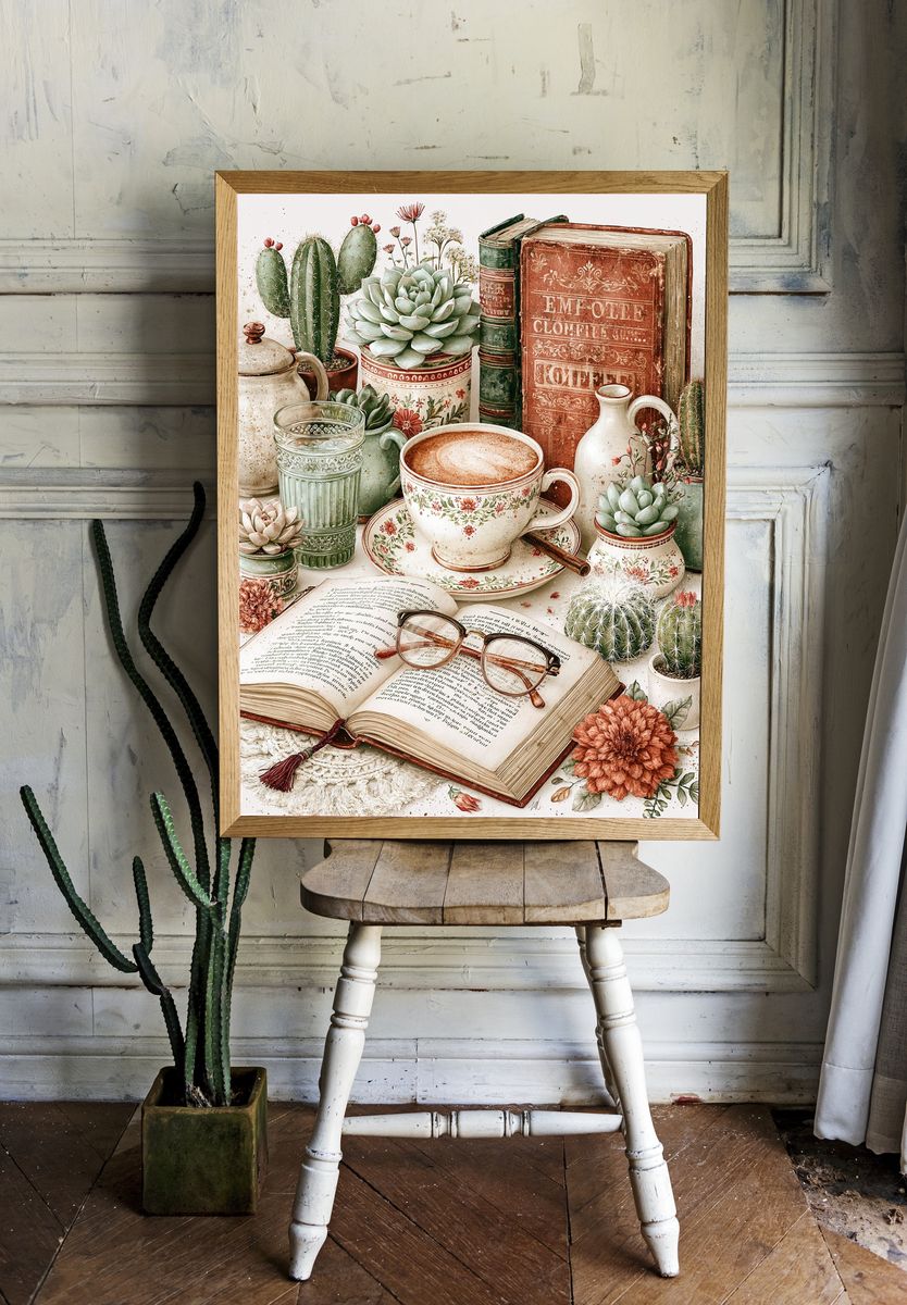 Vintage Coffee and Cactus Still Life Poster. — room view 1