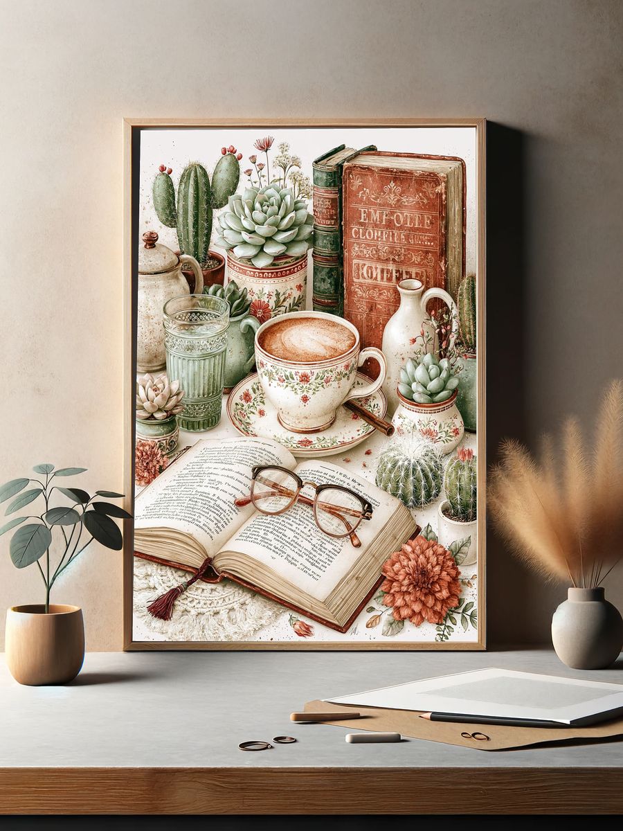 Vintage Coffee and Cactus Still Life Poster. — room view 2