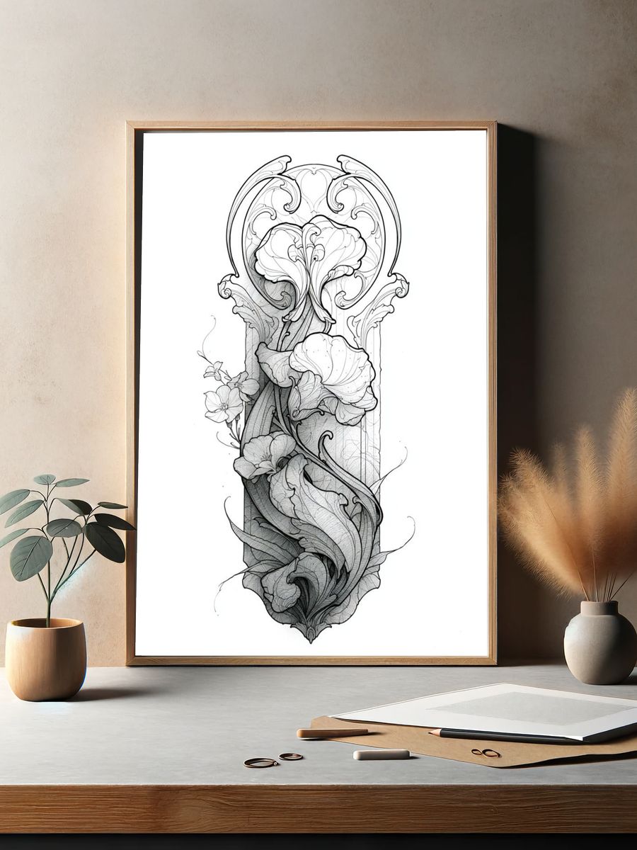 Ornamental Floral Line Art Poster. — room view 2