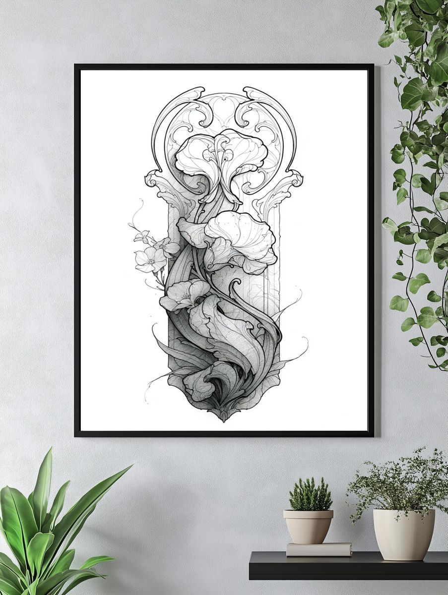 Ornamental Floral Line Art Poster. — room view 4