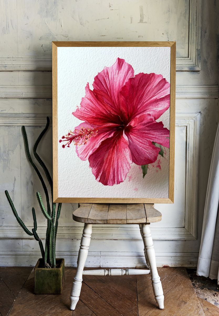 Pink Hibiscus Watercolor Poster. room preview